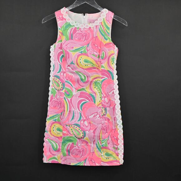 LILLY PULITZER Mila All Nighter Flamingo Dress Size 2 Crochet Lace Detail Shift‎ - Picture 2 of 13